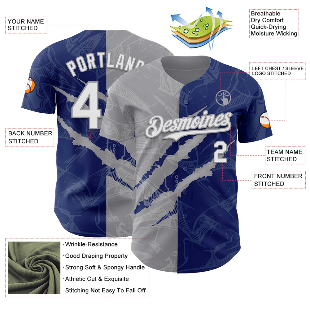 Custom Graffiti Pattern White Royal-Gray 3D Scratch Authentic Baseball Jersey - Image 3
