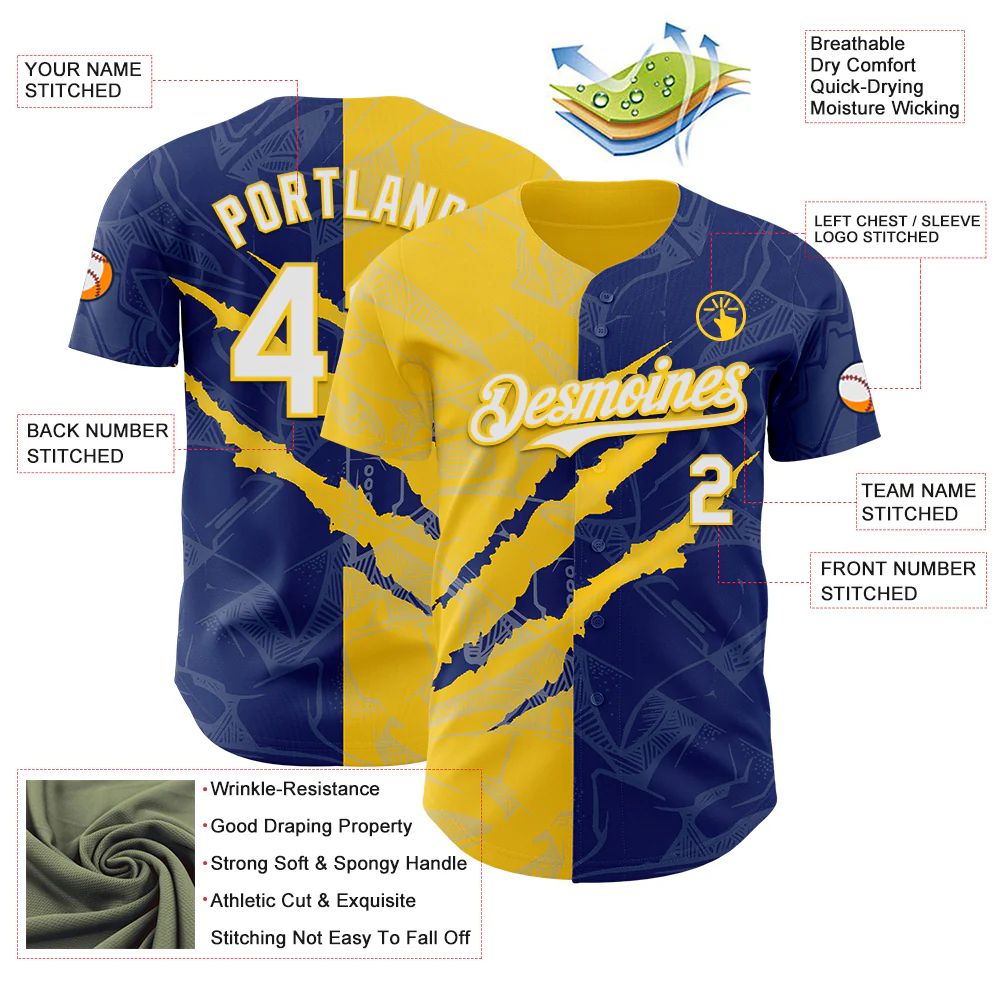 Custom Graffiti Pattern White Royal-Yellow 3D Scratch Authentic Baseball Jersey - Image 3