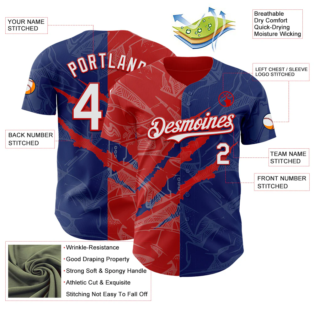 Custom Graffiti Pattern White Royal-Red 3D Scratch Authentic Baseball Jersey - Image 3