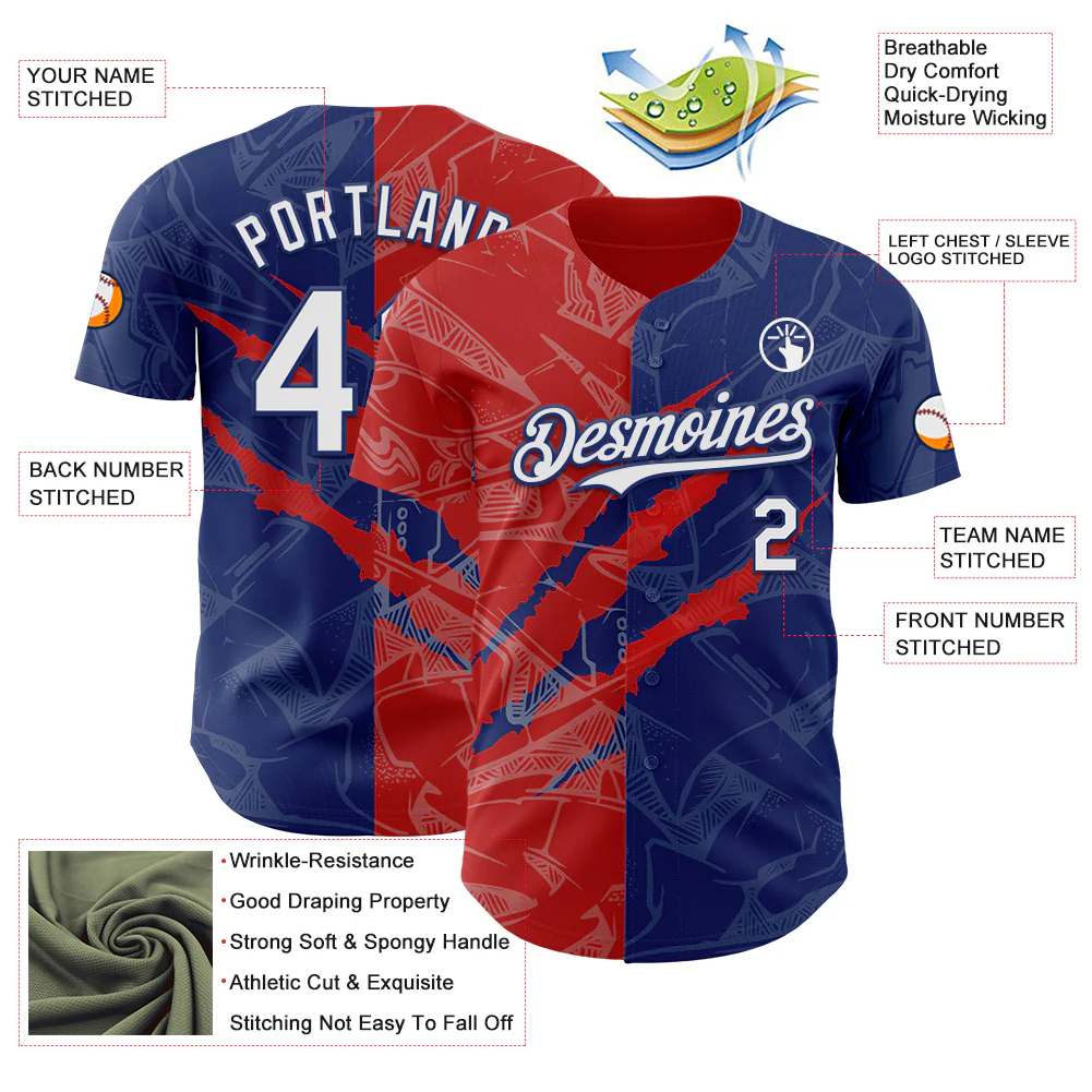 Custom Graffiti Pattern White Royal-Red 3D Scratch Authentic Baseball Jersey - Image 3