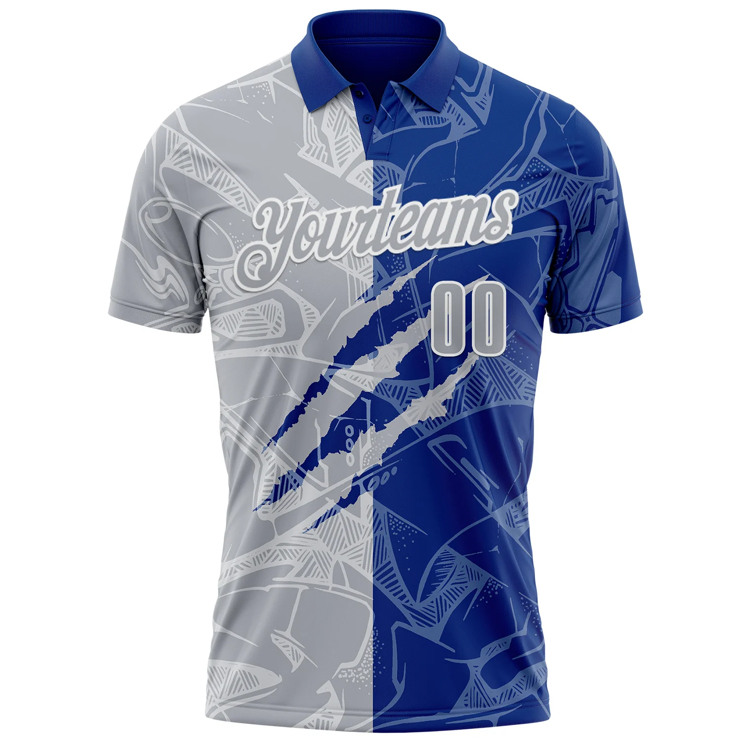 Custom Graffiti Pattern Gray Royal-White 3D Scratch Performance Polo Shirt - Image 2