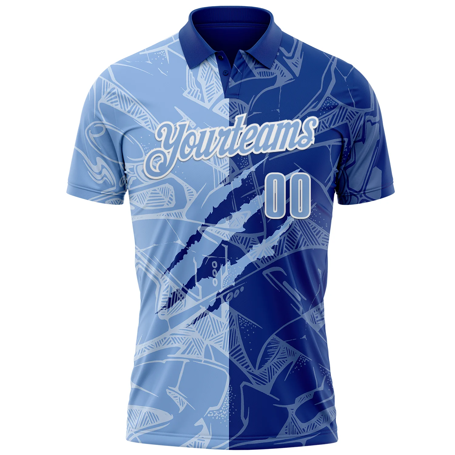 Custom Graffiti Pattern Light Blue Royal-White 3D Scratch Performance Polo Shirt - Image 2