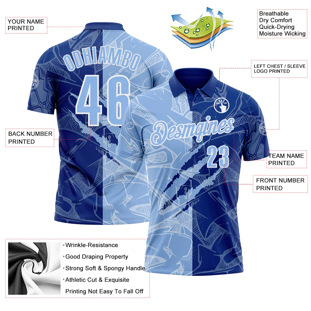 Custom Graffiti Pattern Light Blue Royal-White 3D Scratch Performance Polo Shirt - Image 3