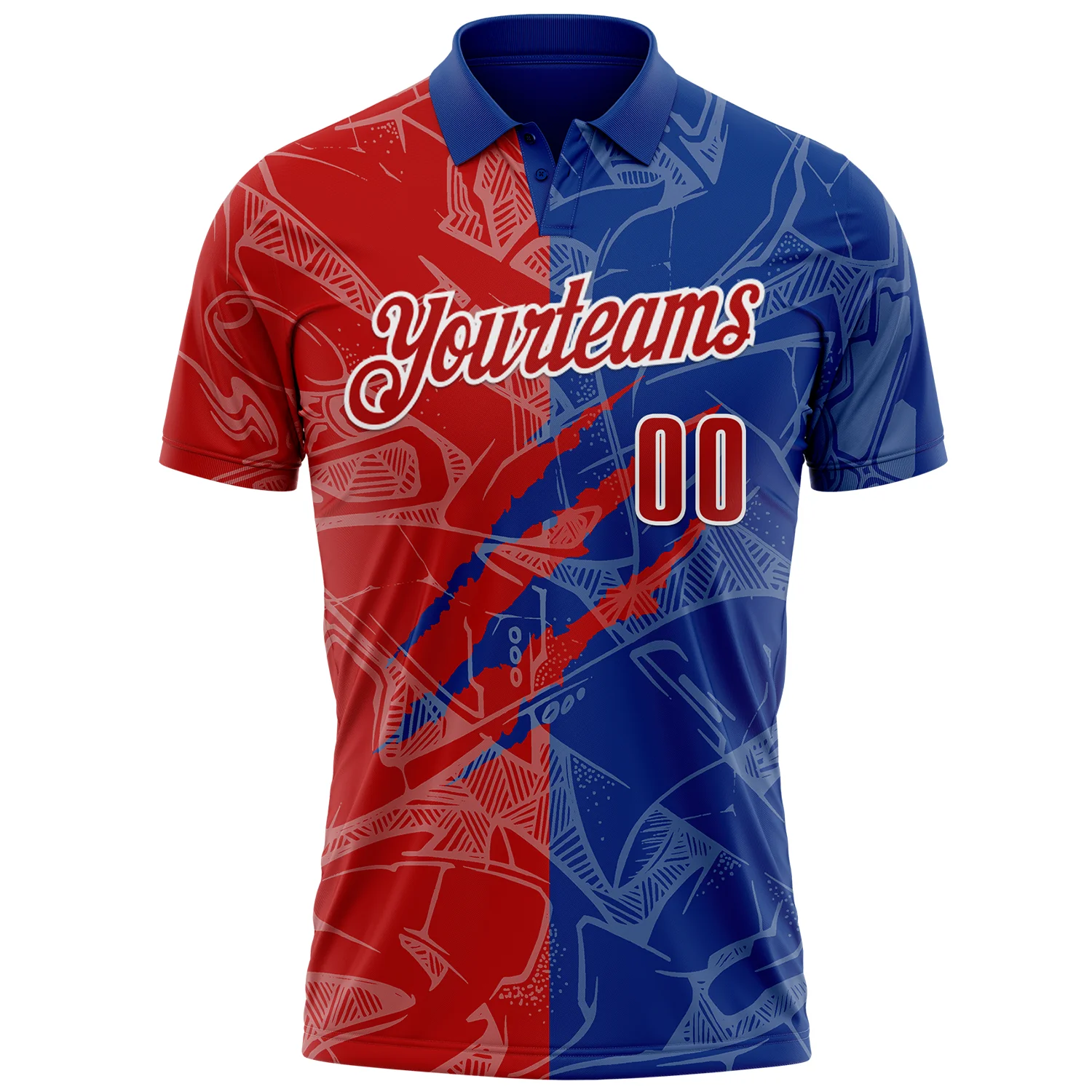 Custom Graffiti Pattern Red Royal-White 3D Scratch Performance Polo Shirt - Image 2