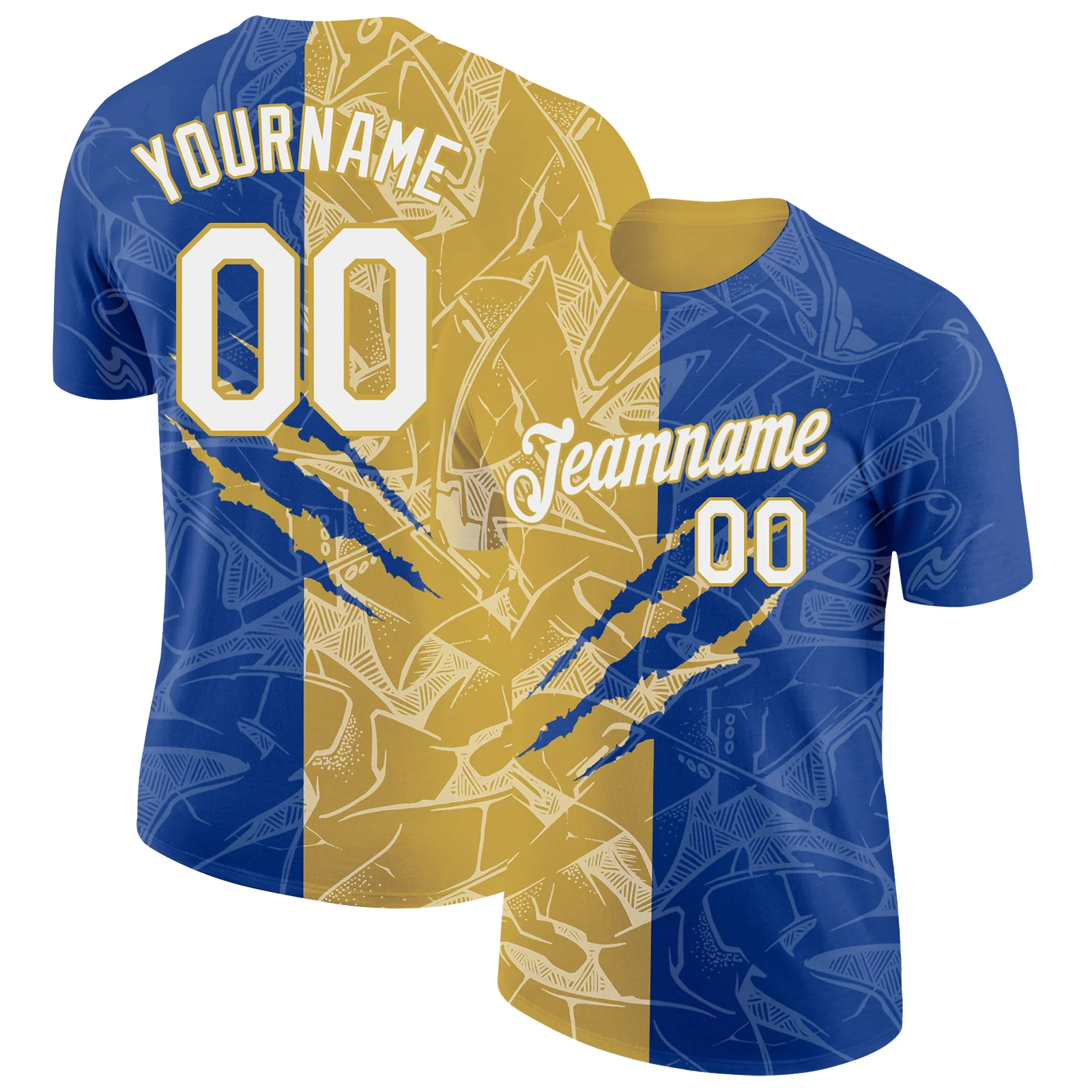 Custom Graffiti Pattern White Royal-Old Gold Scratch 3D Performance T-Shirt