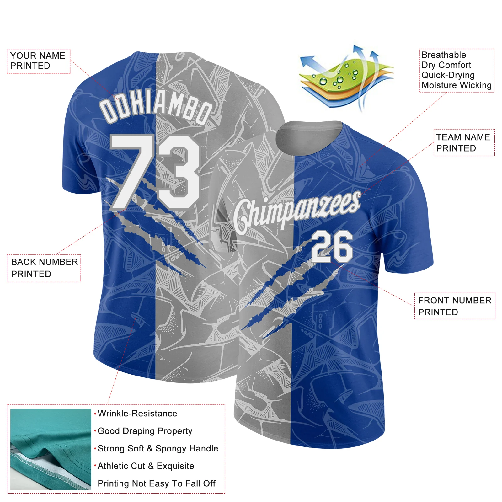 Custom Graffiti Pattern White Royal-Gray Scratch 3D Performance T-Shirt - Image 2