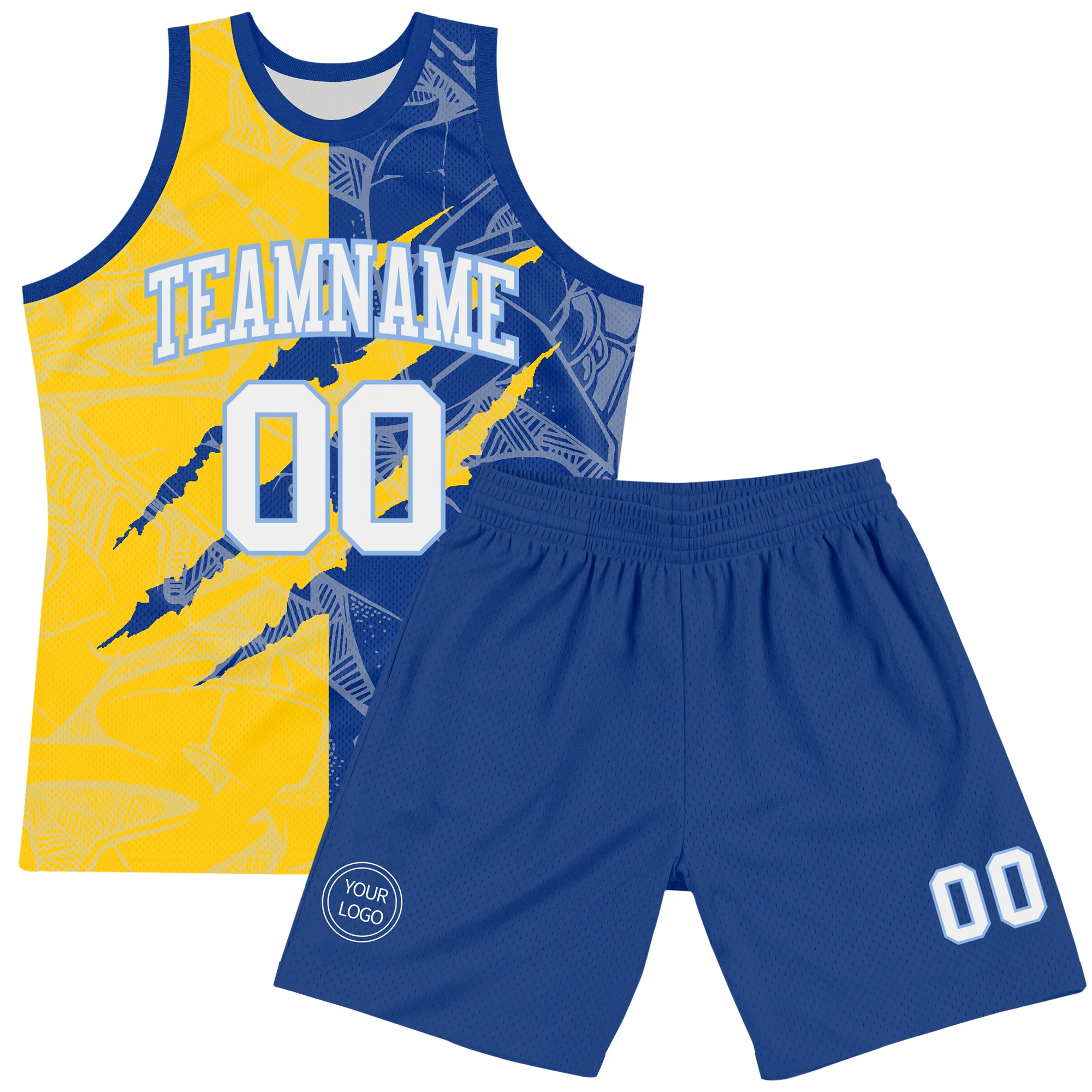 Custom Graffiti Pattern White Royal Yellow-Light Blue Scratch Round Neck Sublimation Basketball Suit Jersey - Image 2
