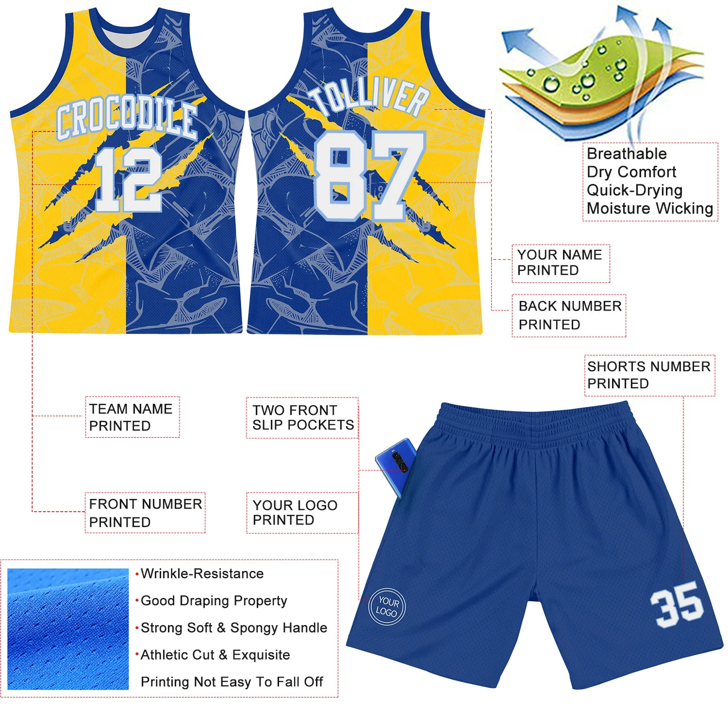 Custom Graffiti Pattern White Royal Yellow-Light Blue Scratch Round Neck Sublimation Basketball Suit Jersey - Image 3