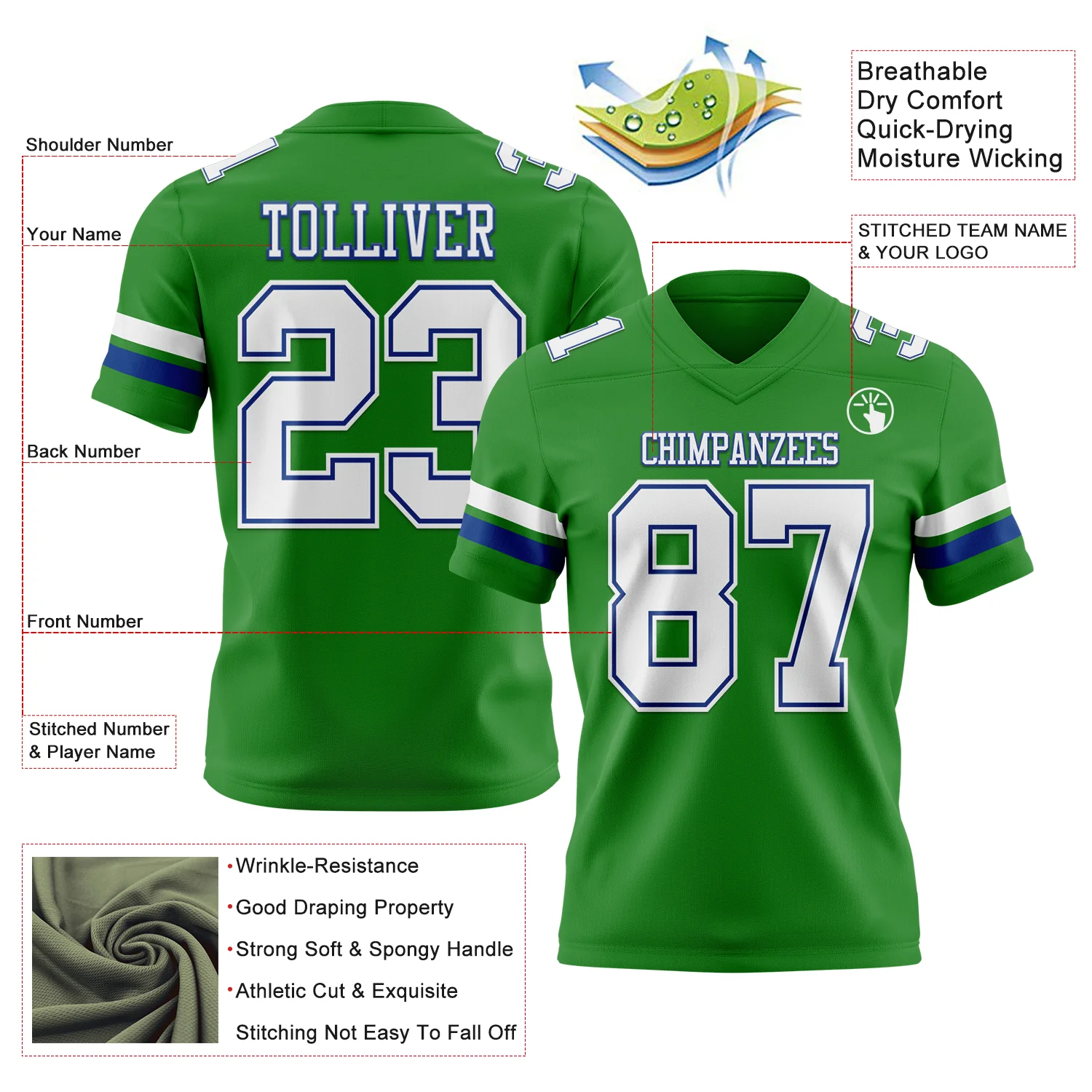 Custom Grass Green White-Royal Authentic Football Jersey - Image 3
