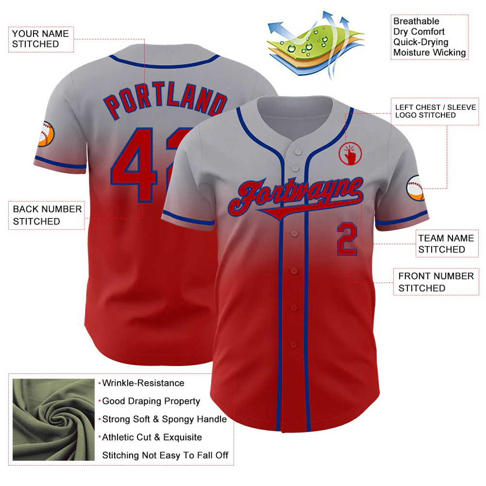Custom Gray Red-Royal Authentic Fade Fashion Baseball Jersey - Image 3