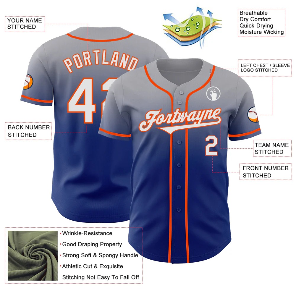 Custom Gray White Royal-Orange Authentic Fade Fashion Baseball Jersey - Image 3