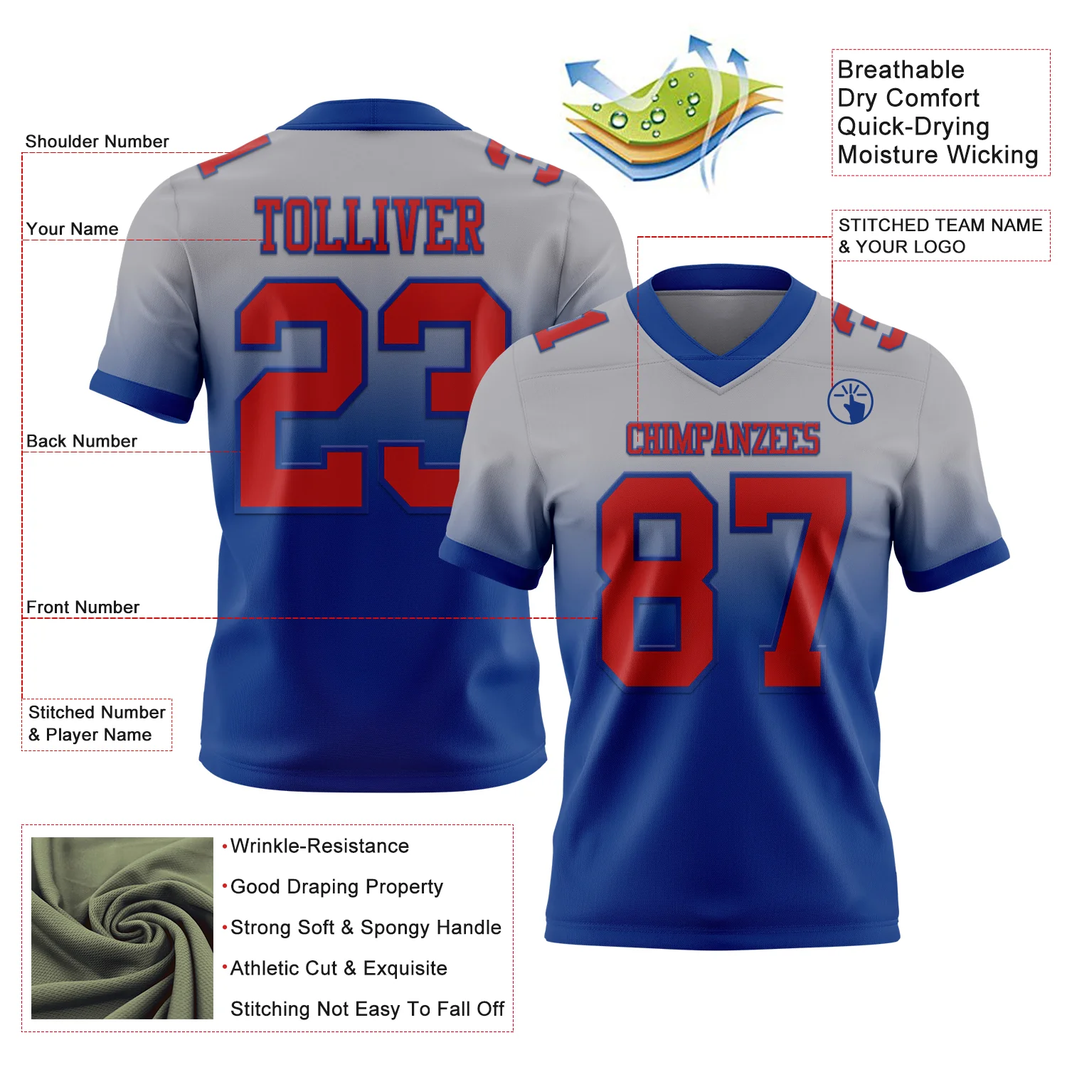 Custom Gray Red-Royal Authentic Fade Fashion Football Jersey - Image 2