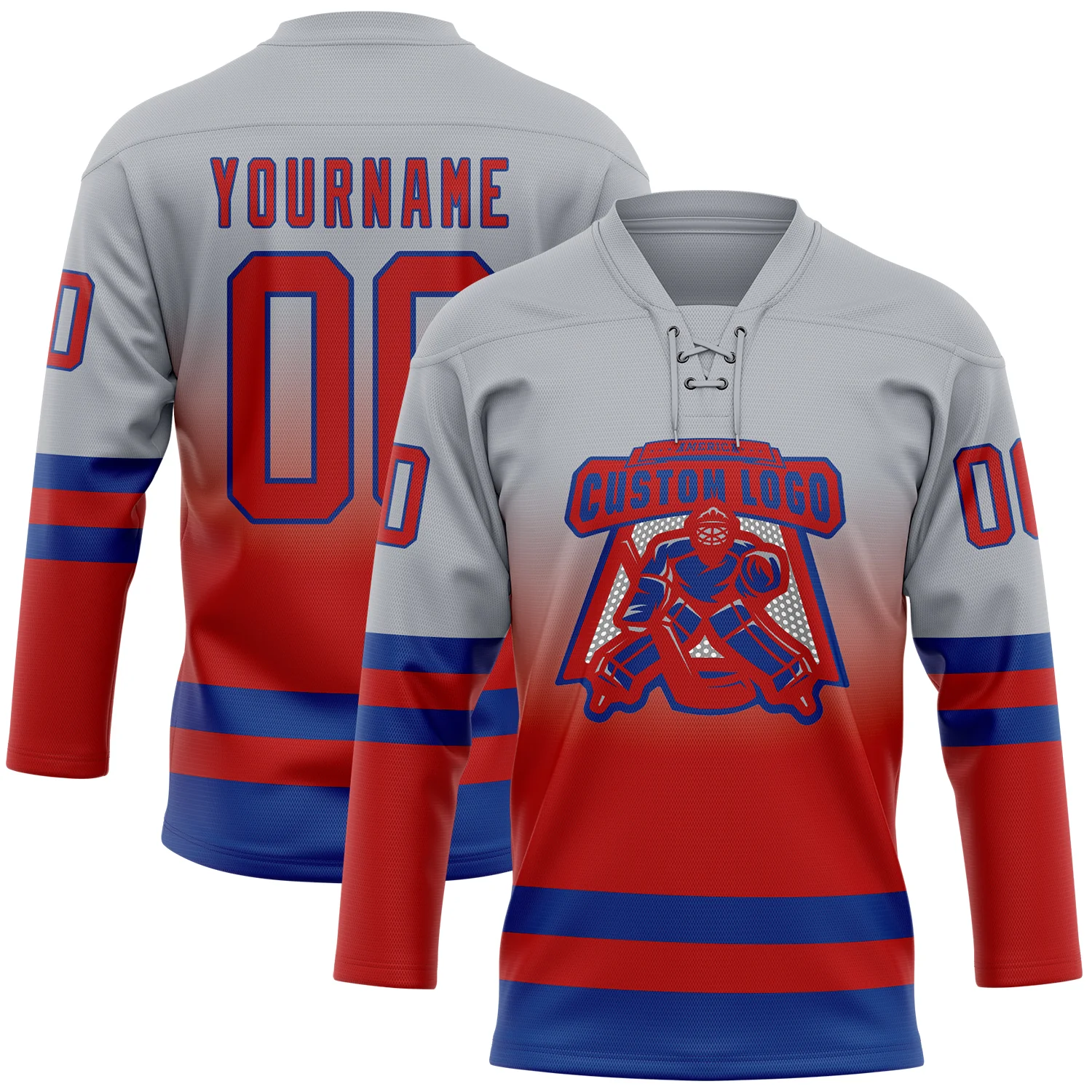 Custom Gray Red-Royal Fade Fashion Hockey Lace Neck Jersey - Image 2