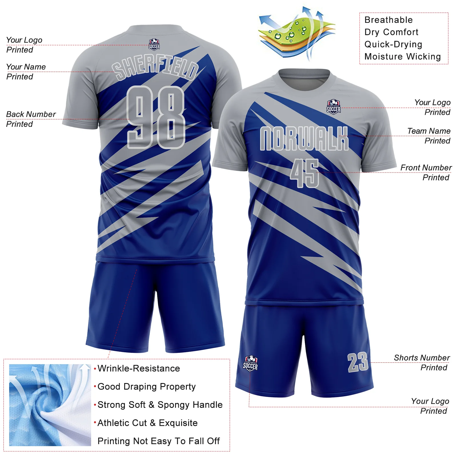 Custom Gray Royal-White Abstract Line Sports Sublimation Soccer Uniform Jersey - Image 4