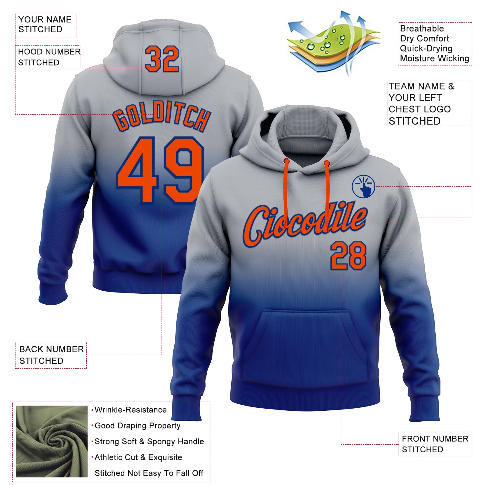 Custom Stitched Gray Orange-Royal Fade Fashion Sports Pullover Sweatshirt Hoodie - Image 2