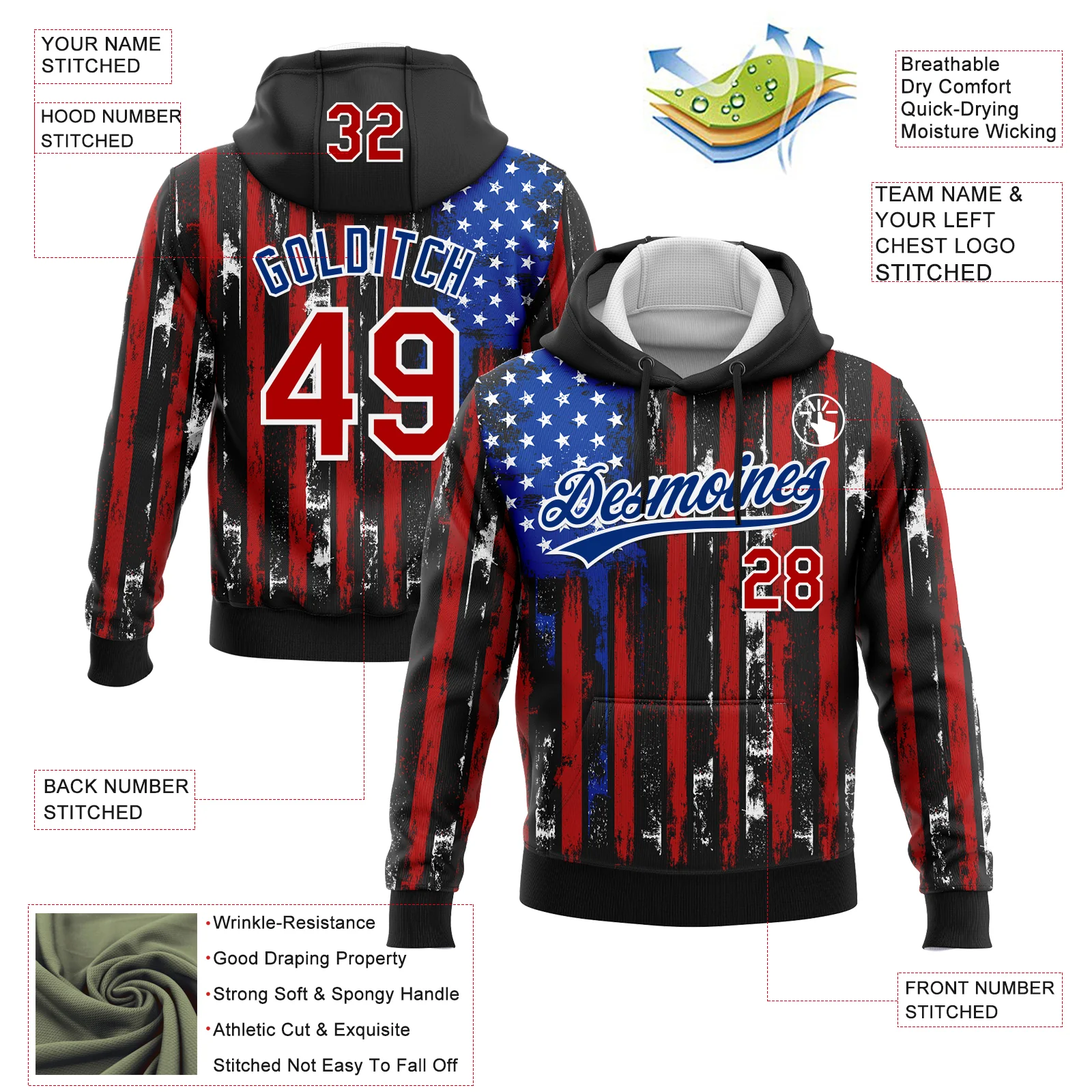Custom Stitched Black Red Royal-White 3D Distressed American Flag Sports Pullover Sweatshirt Hoodie - Image 2