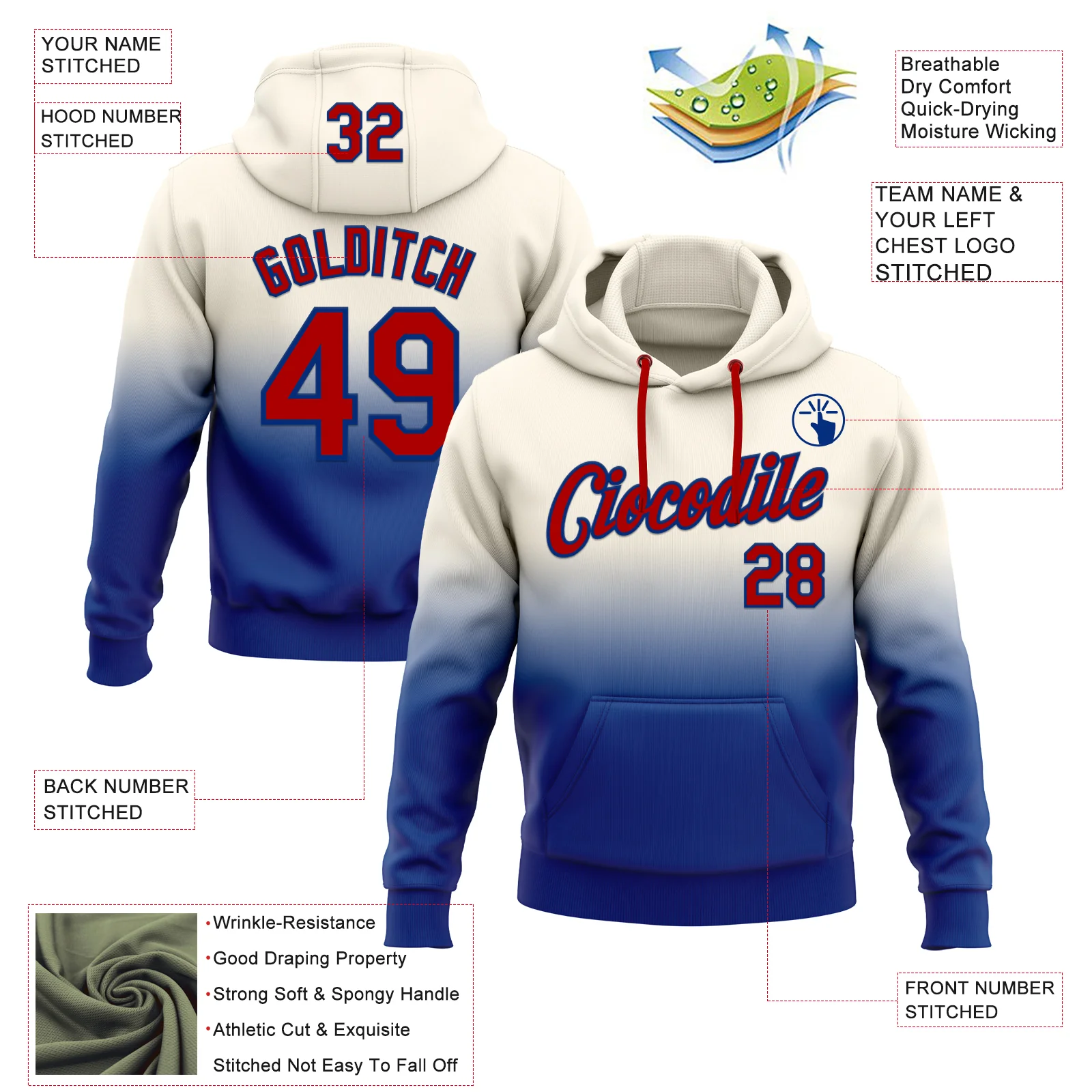 Custom Stitched Cream Red-Royal Fade Fashion Sports Pullover Sweatshirt Hoodie - Image 2