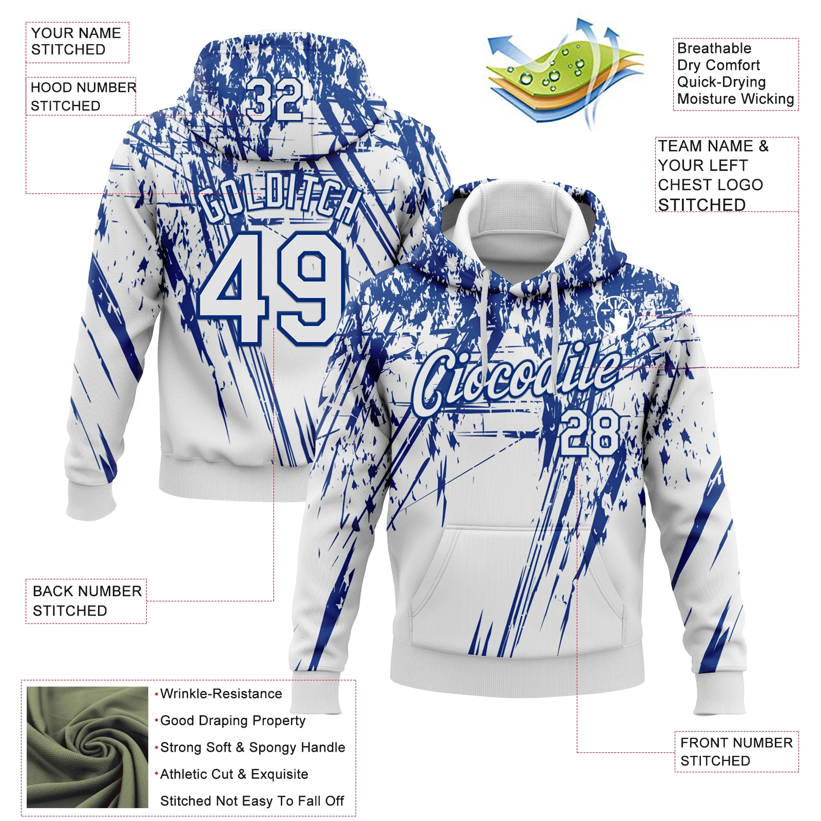 Custom Stitched White Royal 3D Pattern Design Splash Grunge Art Sports Pullover Sweatshirt Hoodie - Image 2