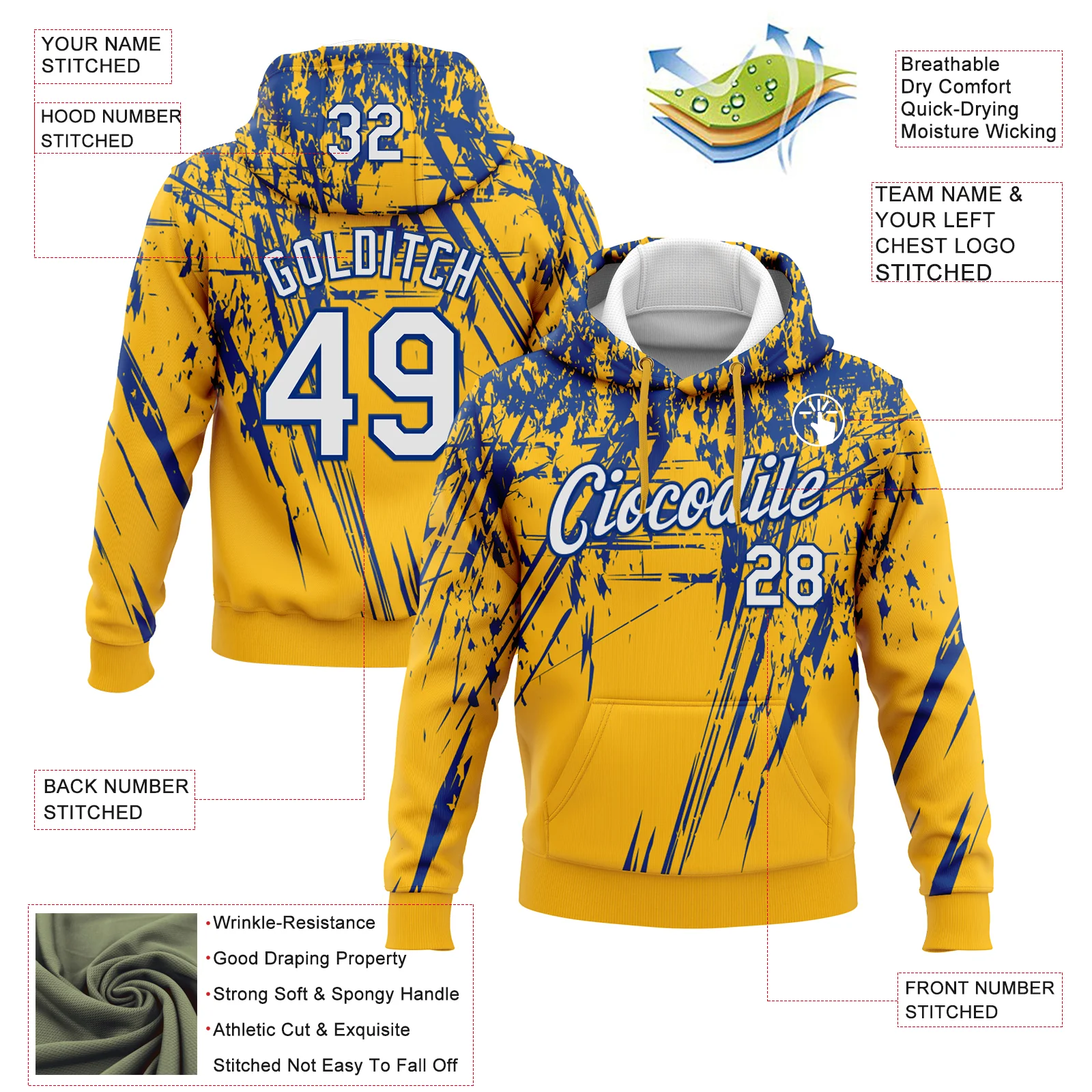 Custom Stitched Gold White-Royal 3D Pattern Design Splash Grunge Art Sports Pullover Sweatshirt Hoodie - Image 2