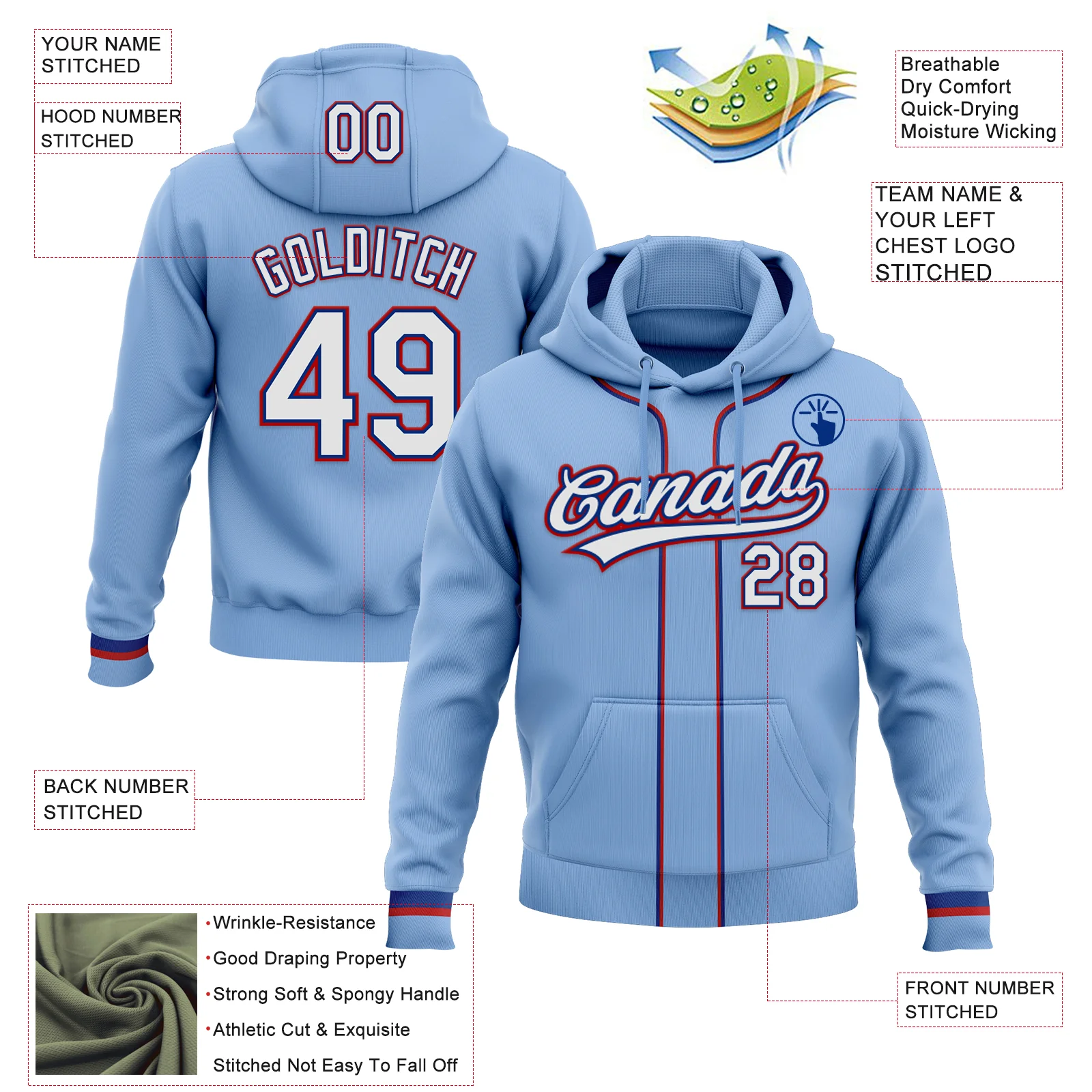 Custom Stitched Light Blue White Royal-Red Baseball Pullover Sweatshirt Hoodie - Image 2