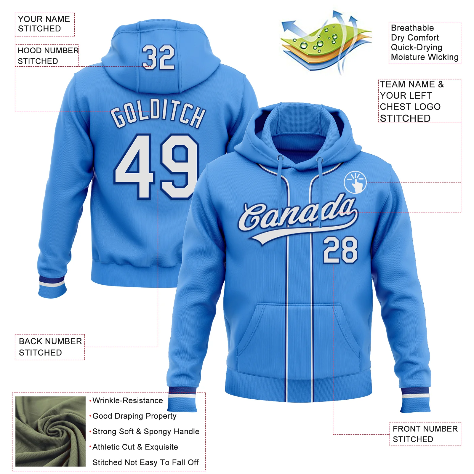 Custom Stitched Powder Blue White-Royal Baseball Pullover Sweatshirt Hoodie - Image 2