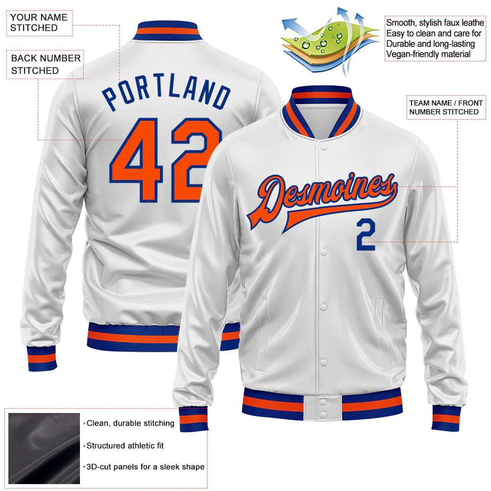 Custom White Orange-Royal Bomber Full-Snap Varsity Faux Leather Letterman Jacket - Image 2
