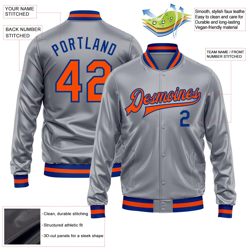 Custom Gray Orange-Royal Bomber Full-Snap Varsity Faux Leather Letterman Jacket - Image 2