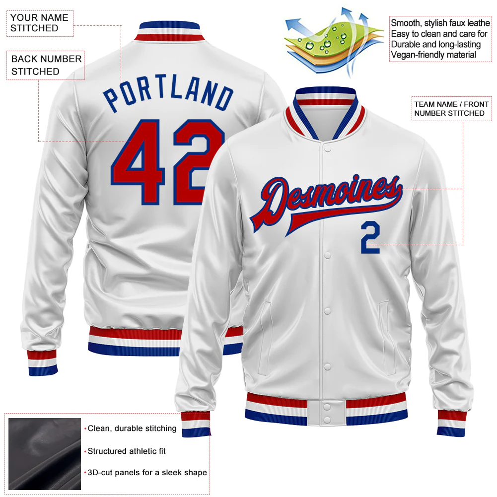 Custom White Red-Royal Bomber Full-Snap Varsity Faux Leather Letterman Jacket - Image 2