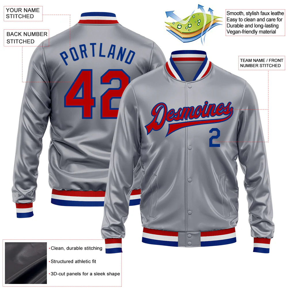 Custom Gray Red-Royal Bomber Full-Snap Varsity Faux Leather Letterman Jacket - Image 2