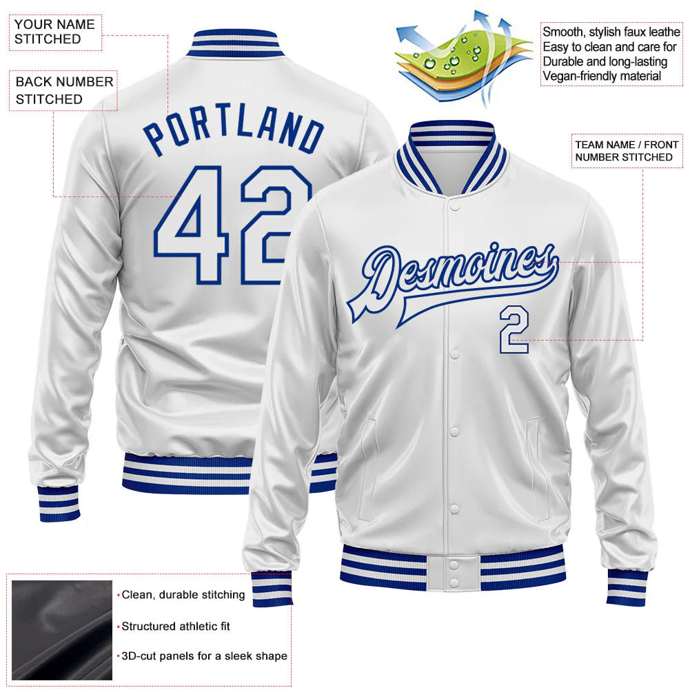 Custom White White-Royal Bomber Full-Snap Varsity Faux Leather Letterman Jacket - Image 2