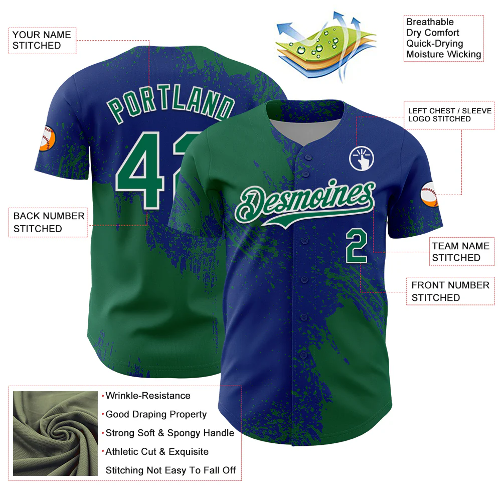 Custom Kelly Green Royal-White 3D Pattern Design Abstract Brush Stroke Authentic Baseball Jersey - Image 3