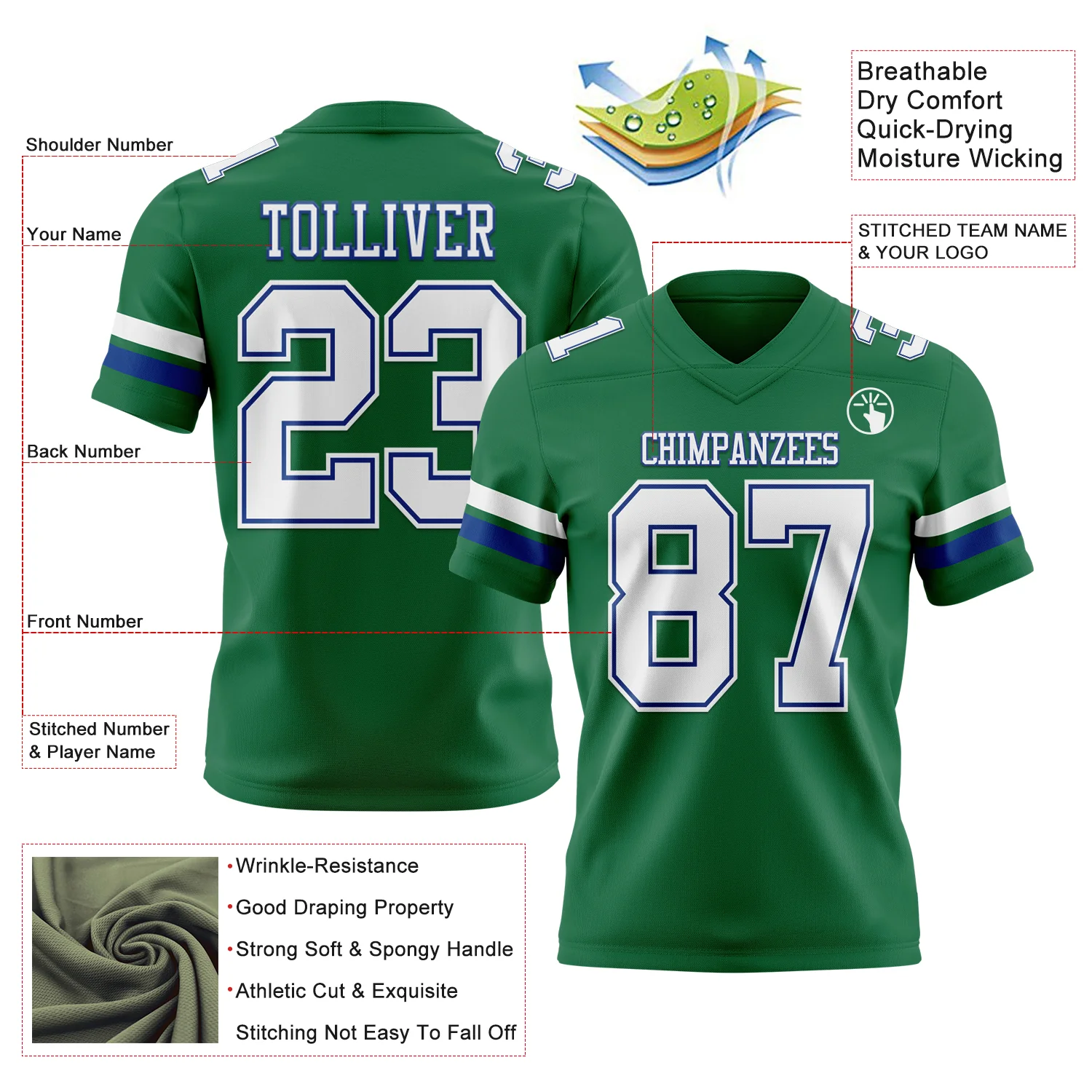 Custom Kelly Green White-Royal Authentic Football Jersey - Image 3