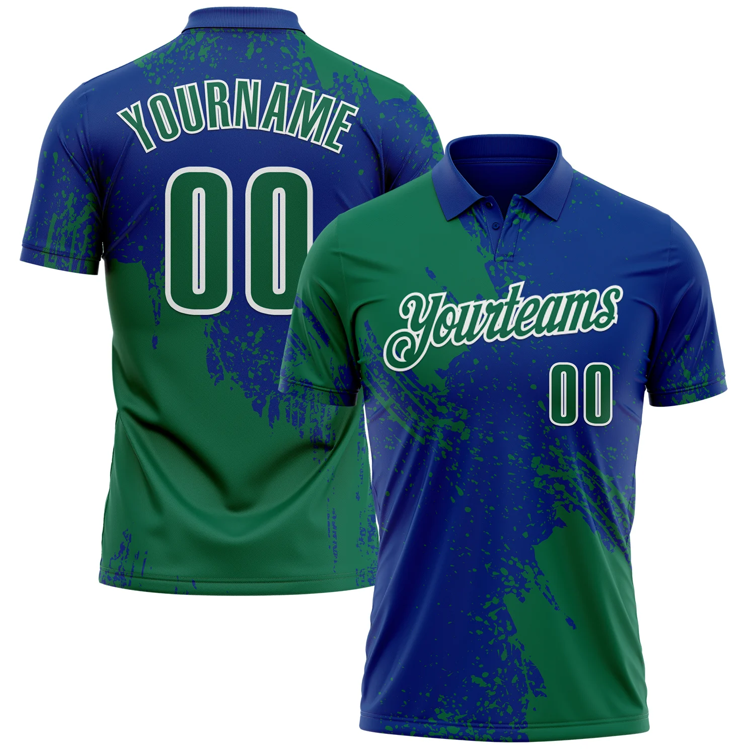 Custom Kelly Green Royal-White 3D Pattern Design Abstract Brush Stroke Performance Polo Shirt
