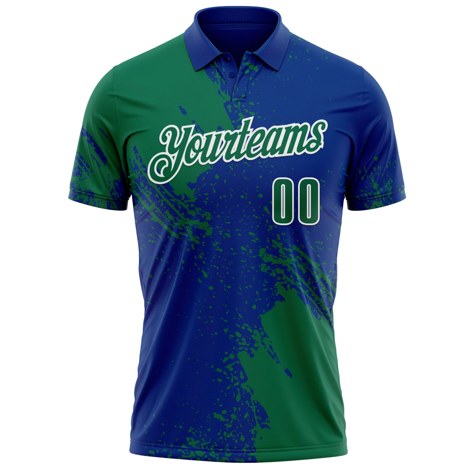 Custom Kelly Green Royal-White 3D Pattern Design Abstract Brush Stroke Performance Polo Shirt - Image 2