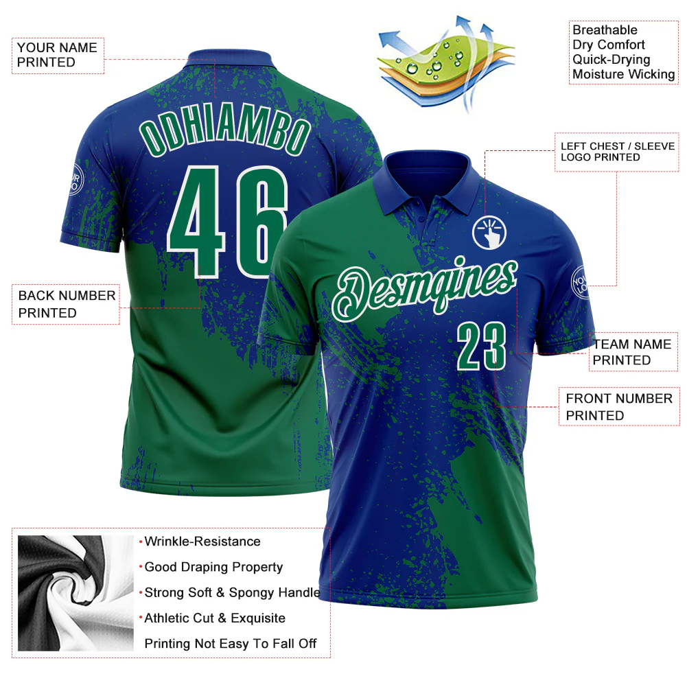 Custom Kelly Green Royal-White 3D Pattern Design Abstract Brush Stroke Performance Polo Shirt - Image 3