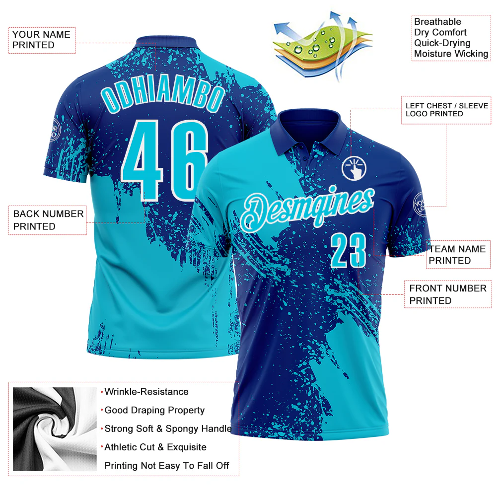 Custom Lakes Blue Royal-White 3D Pattern Design Abstract Brush Stroke Performance Polo Shirt - Image 3