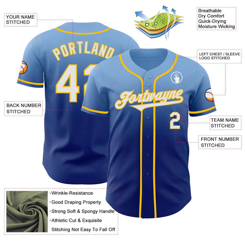 Custom Light Blue White Royal-Yellow Authentic Fade Fashion Baseball Jersey - Image 3