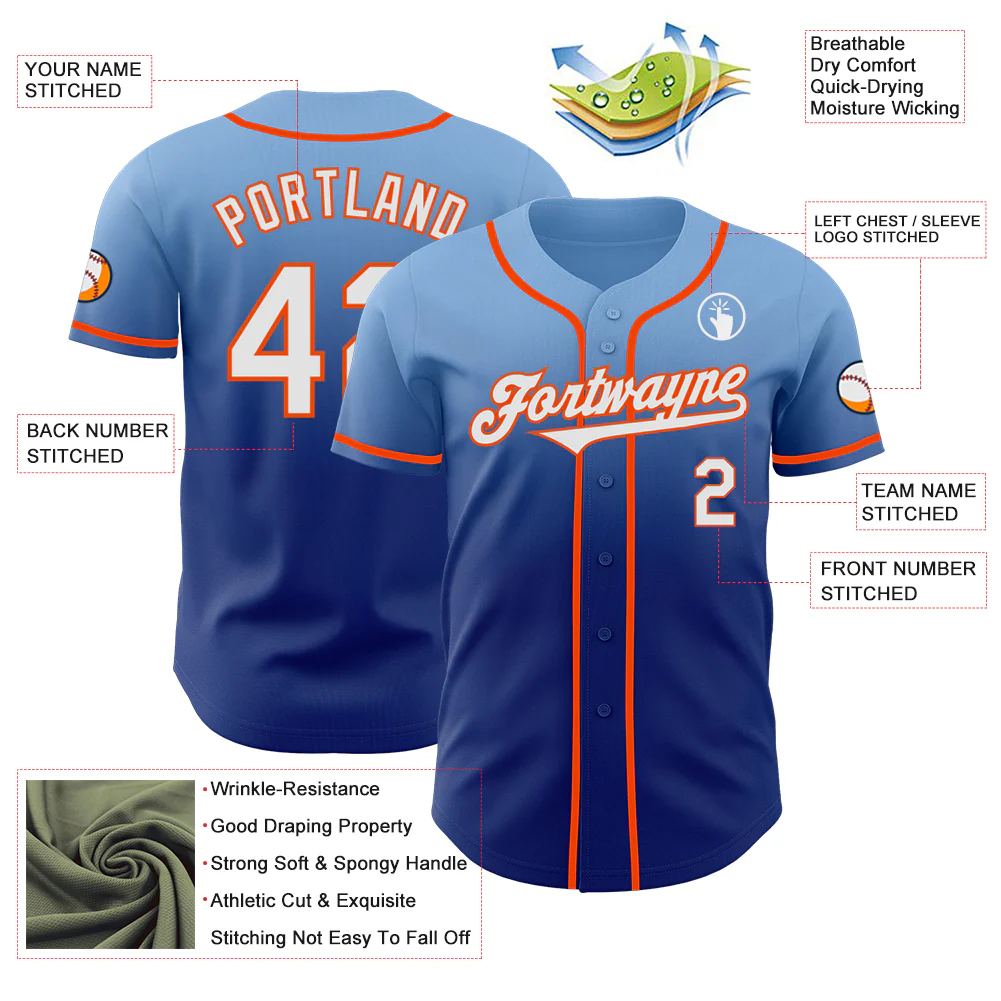 Custom Light Blue White Royal-Orange Authentic Fade Fashion Baseball Jersey - Image 3
