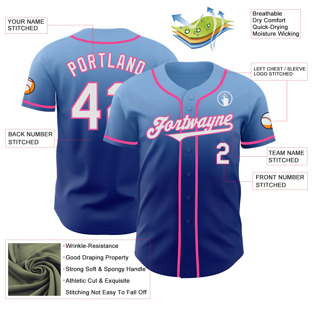 Custom Light Blue White Royal-Pink Authentic Fade Fashion Baseball Jersey - Image 3