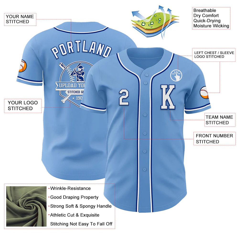 Custom Light Blue White-Royal Authentic Baseball Jersey - Image 6