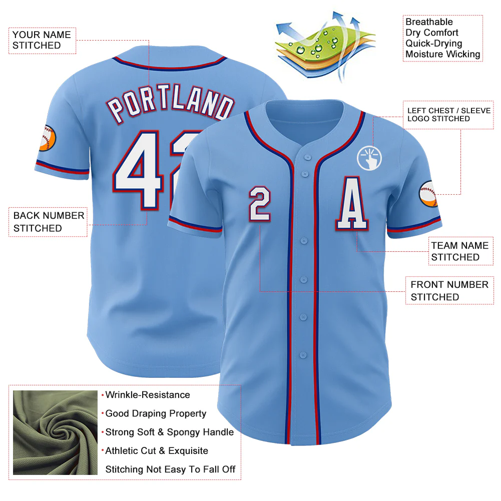 Custom Light Blue Royal-Red Authentic Baseball Jersey - Image 2