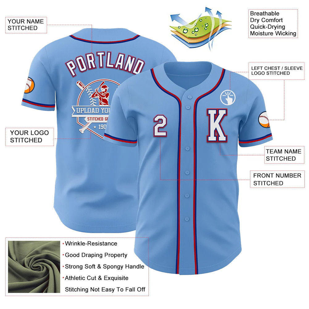 Custom Light Blue Royal-Red Authentic Baseball Jersey - Image 6