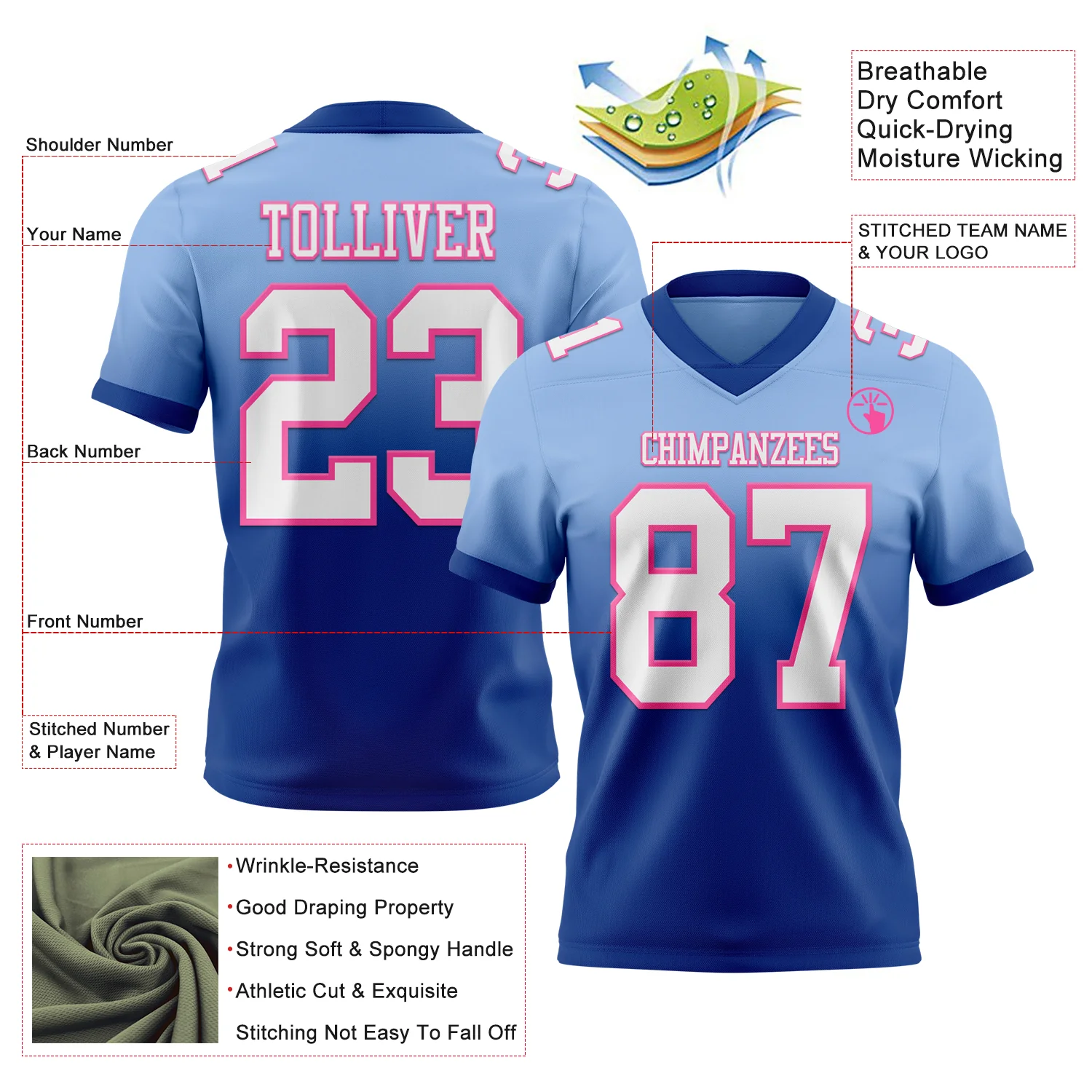 Custom Light Blue White Royal-Pink Authentic Fade Fashion Football Jersey - Image 2