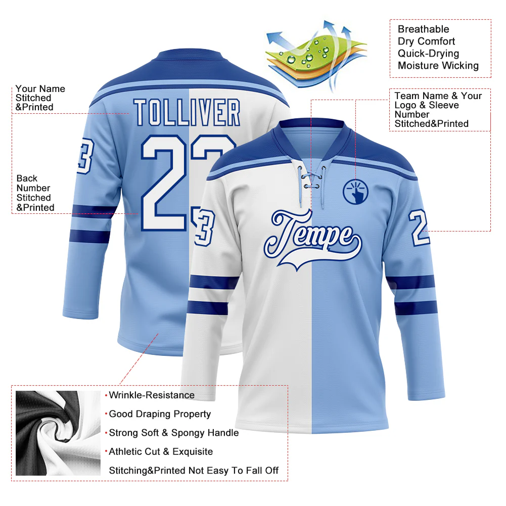 Custom Light Blue White-Royal Split Fashion Hockey Lace Neck Jersey - Image 5