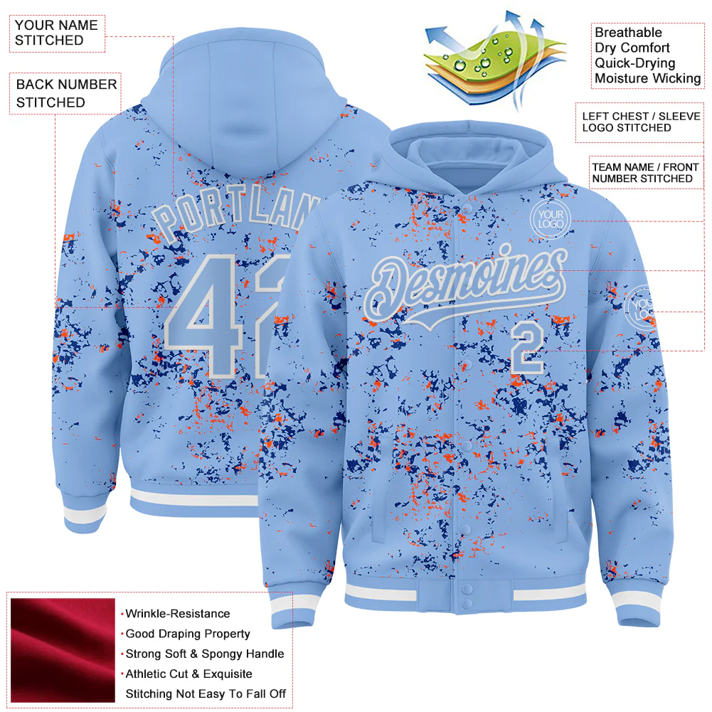 Custom Light Blue Royal Orange-White Fragment Pattern Bomber Full-Snap Varsity Letterman Hoodie Jacket - Image 4