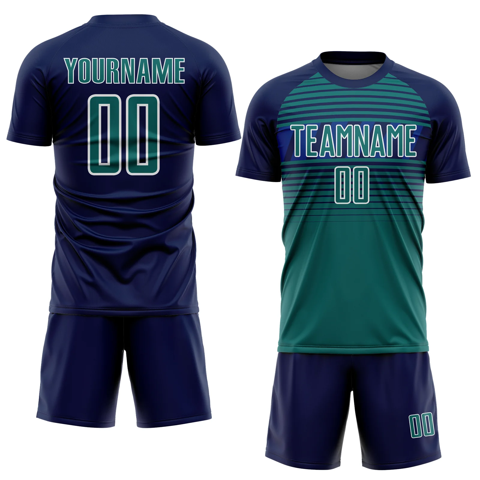Custom Navy Teal Royal-White Gradient Horizontal Stripes Sublimation Soccer Uniform Jersey - Image 2