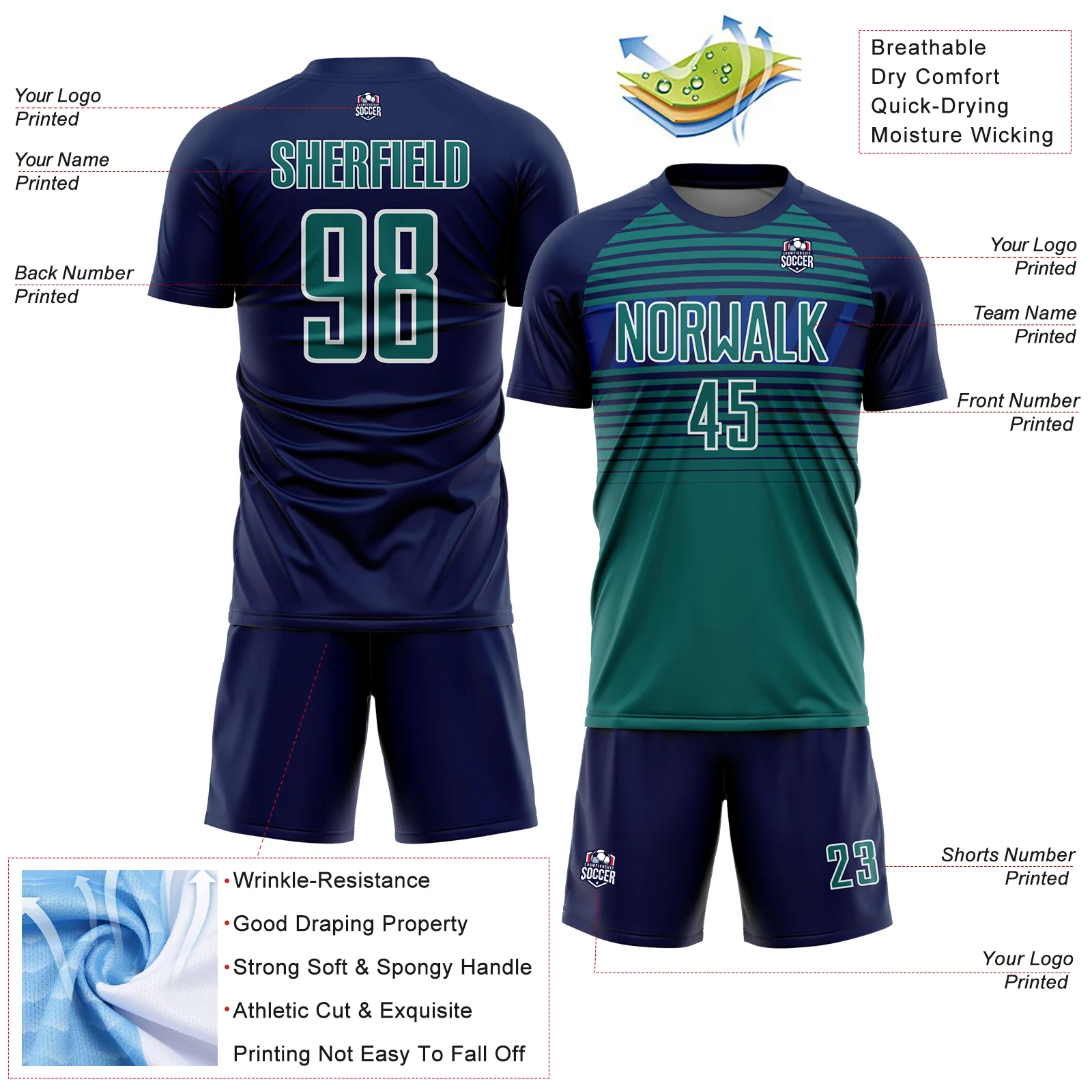 Custom Navy Teal Royal-White Gradient Horizontal Stripes Sublimation Soccer Uniform Jersey - Image 4