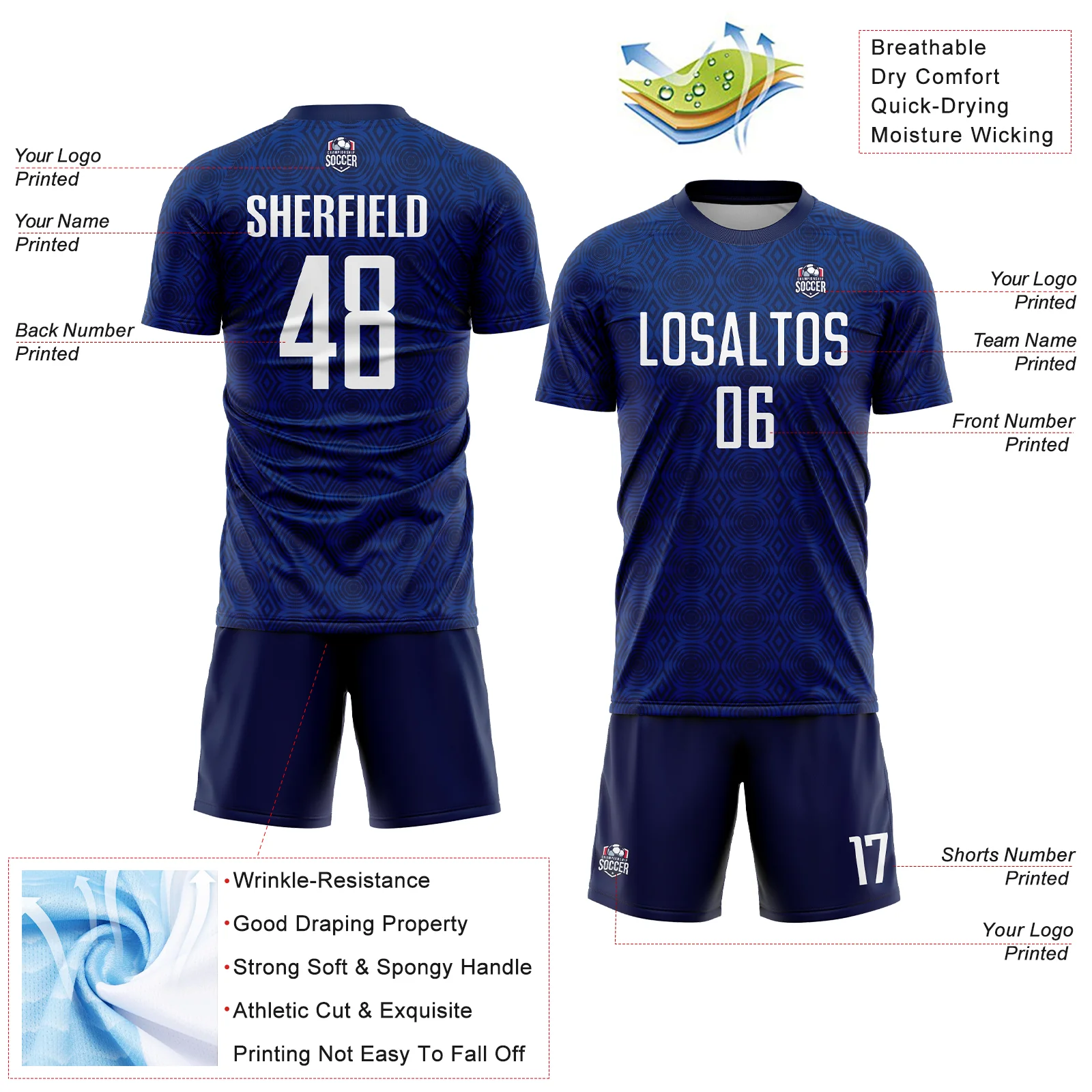 Custom Navy White-Royal Geometric Shapes Sublimation Soccer Uniform Jersey - Image 4