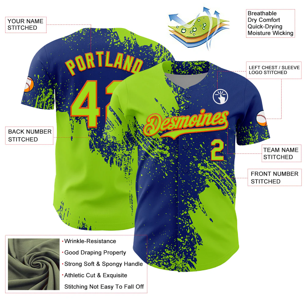 Custom Neon Green Royal-Orange 3D Pattern Design Abstract Brush Stroke Authentic Baseball Jersey - Image 3