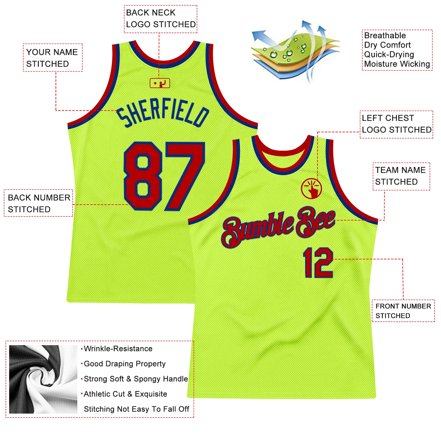 Custom Neon Green Red-Royal Authentic Throwback Basketball Jersey - Image 2